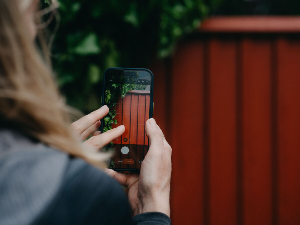 Person hält ein Smartphone und fotografiert einen roten Holzzaun mit grünen Blättern im Vordergrund.